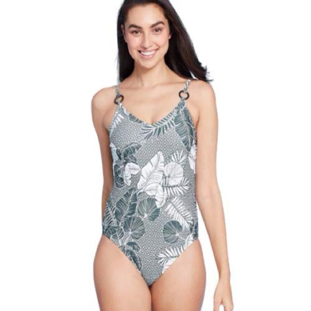 Kona Sol Swimsuit Womens Large Green White Tropical Leaf Print One-Piece